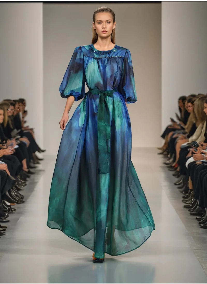 Madam Uniq Retro European and American Palace Style Lantern Sleeve Gradient Maxi Dress for Women