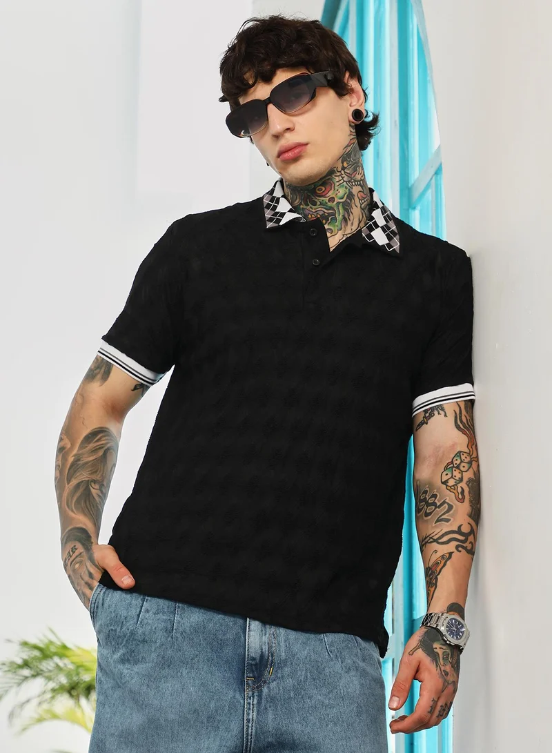 Campus Sutra Campus Sutra Men's Onyx Black Block Argyle-Knit Polo T-Shirt | Jacquard Polo Neck , Short Tipping Cuff Sleeves , Button Closure , Straight Hem | Colourblock Textured | T-shirt For Casual Wear