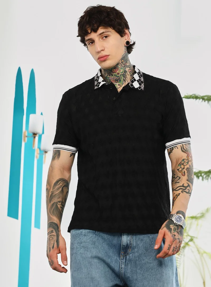 Campus Sutra Campus Sutra Men's Onyx Black Block Argyle-Knit Polo T-Shirt | Jacquard Polo Neck , Short Tipping Cuff Sleeves , Button Closure , Straight Hem | Colourblock Textured | T-shirt For Casual Wear