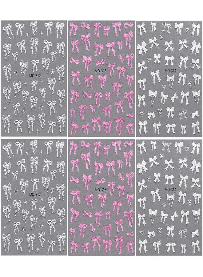 JALIYA 6pcs Cute Bow Nail Decals - White & Pink Bowknot Stickers for 3D Nail Art - Image 2