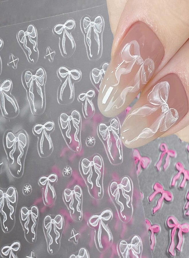 JALIYA 6pcs Cute Bow Nail Decals - White & Pink Bowknot Stickers for 3D Nail Art - Image 1