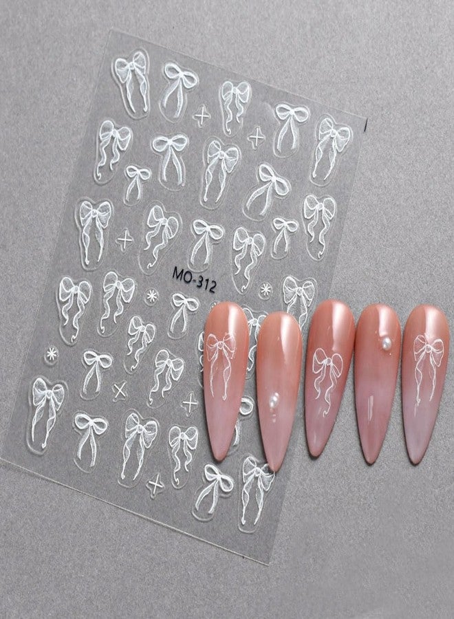 JALIYA 6pcs Cute Bow Nail Decals - White & Pink Bowknot Stickers for 3D Nail Art - Image 5