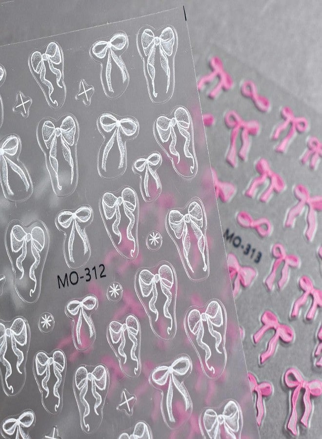 JALIYA 6pcs Cute Bow Nail Decals - White & Pink Bowknot Stickers for 3D Nail Art - Image 4