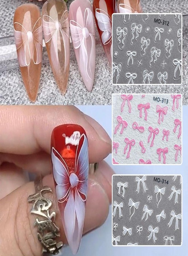 JALIYA 6pcs Cute Bow Nail Decals - White & Pink Bowknot Stickers for 3D Nail Art - Image 3
