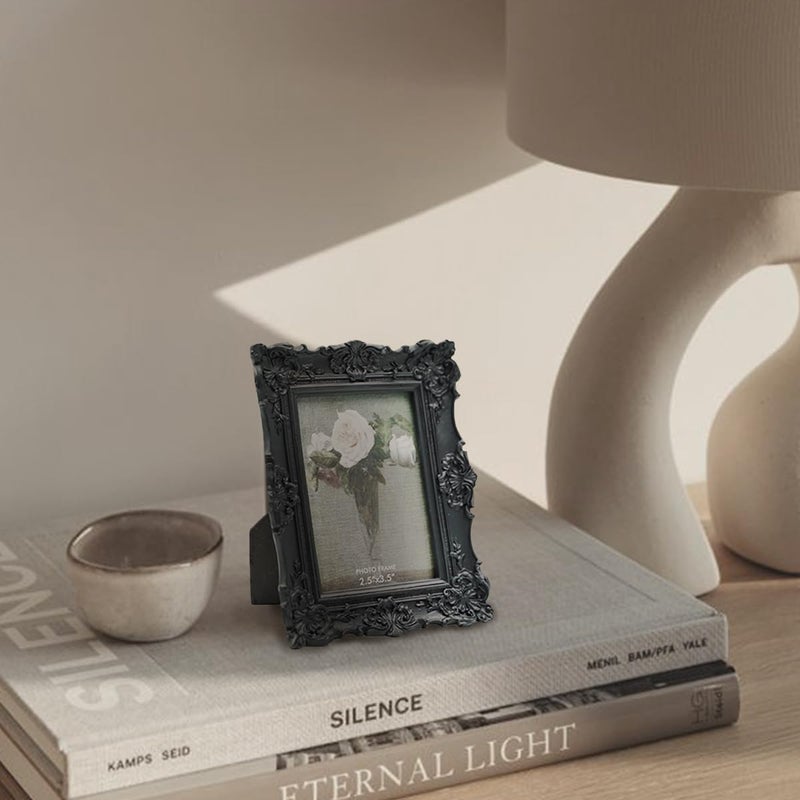 CISOO 2.5x3.5 Vintage Small Picture Frame  Antique Ornate Black Wallet Size Photo Frame for Table Top and Wall Display  Decorative Floral Design Retro Home Decor  Photo Gallery Art - Image 4