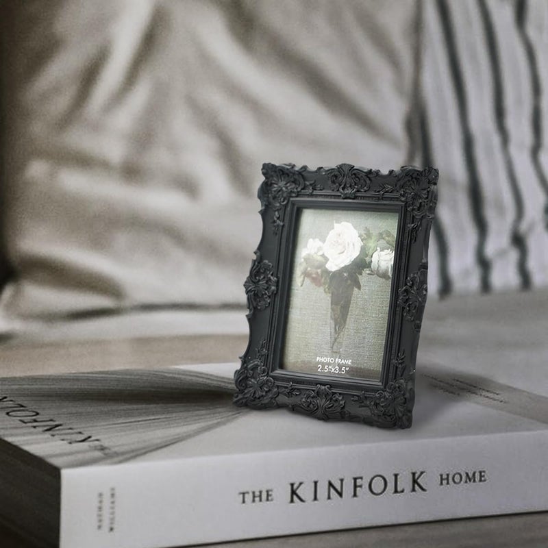 CISOO 2.5x3.5 Vintage Small Picture Frame  Antique Ornate Black Wallet Size Photo Frame for Table Top and Wall Display  Decorative Floral Design Retro Home Decor  Photo Gallery Art - Image 2