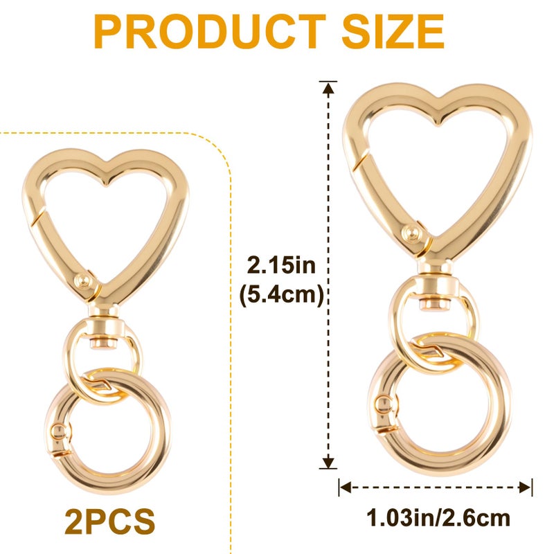 Winsyison 2pcs Double Opening Keychain Clip, Heart Spring Snap Hooks for Lanyards DIY Crafts Making, Zinc Alloy Swivel Keychain Clasp for Camping Hiking Travelling- Gold - Image 2