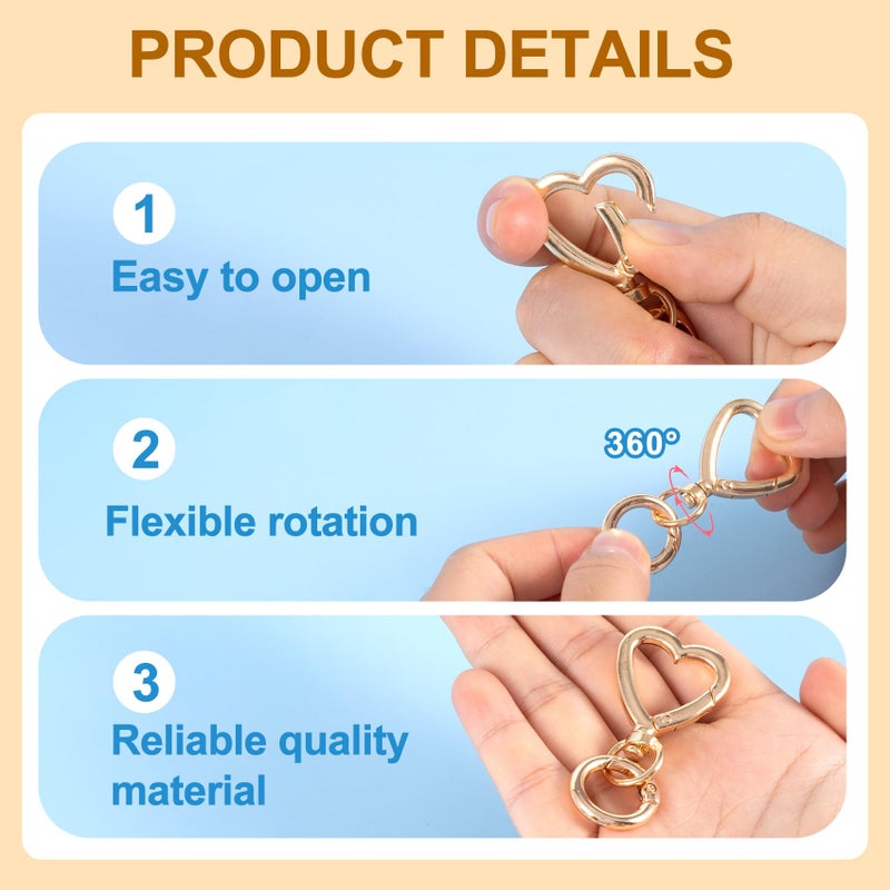 Winsyison 2pcs Double Opening Keychain Clip, Heart Spring Snap Hooks for Lanyards DIY Crafts Making, Zinc Alloy Swivel Keychain Clasp for Camping Hiking Travelling- Gold - Image 3