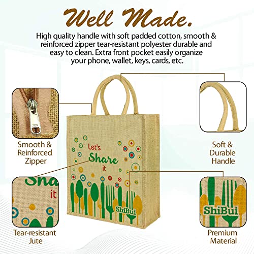 SHIBUI Eco reusable print jute cloth Carry lunch tiffin bag with zip Reinforced Handle for men women, Multicolour (Letshare,1) - Image 3