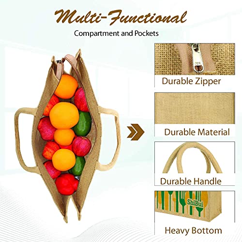 SHIBUI Eco reusable print jute cloth Carry lunch tiffin bag with zip Reinforced Handle for men women, Multicolour (Letshare,1) - Image 4