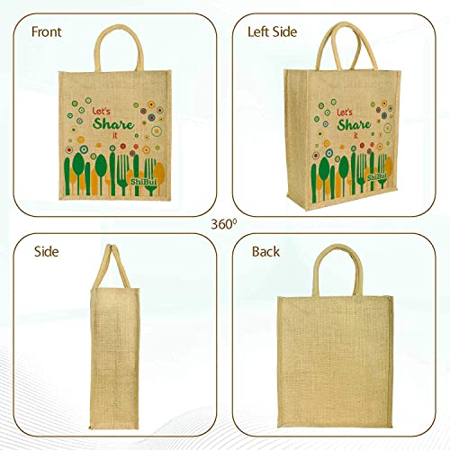 SHIBUI Eco reusable print jute cloth Carry lunch tiffin bag with zip Reinforced Handle for men women, Multicolour (Letshare,1) - Image 2