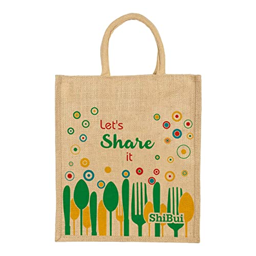 SHIBUI Eco reusable print jute cloth Carry lunch tiffin bag with zip Reinforced Handle for men women, Multicolour (Letshare,1) - Image 1