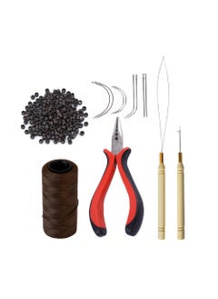 Hair Extensions Tool Kit 200 Pcs Silicone Lined Micro Links Beads 1 Three Hole Hair Pliers 1 Roll Sewing Thread 1 Loop Needle Threader 1 Pulling Hook Needle 8 Sewing Needles Dark Brown
