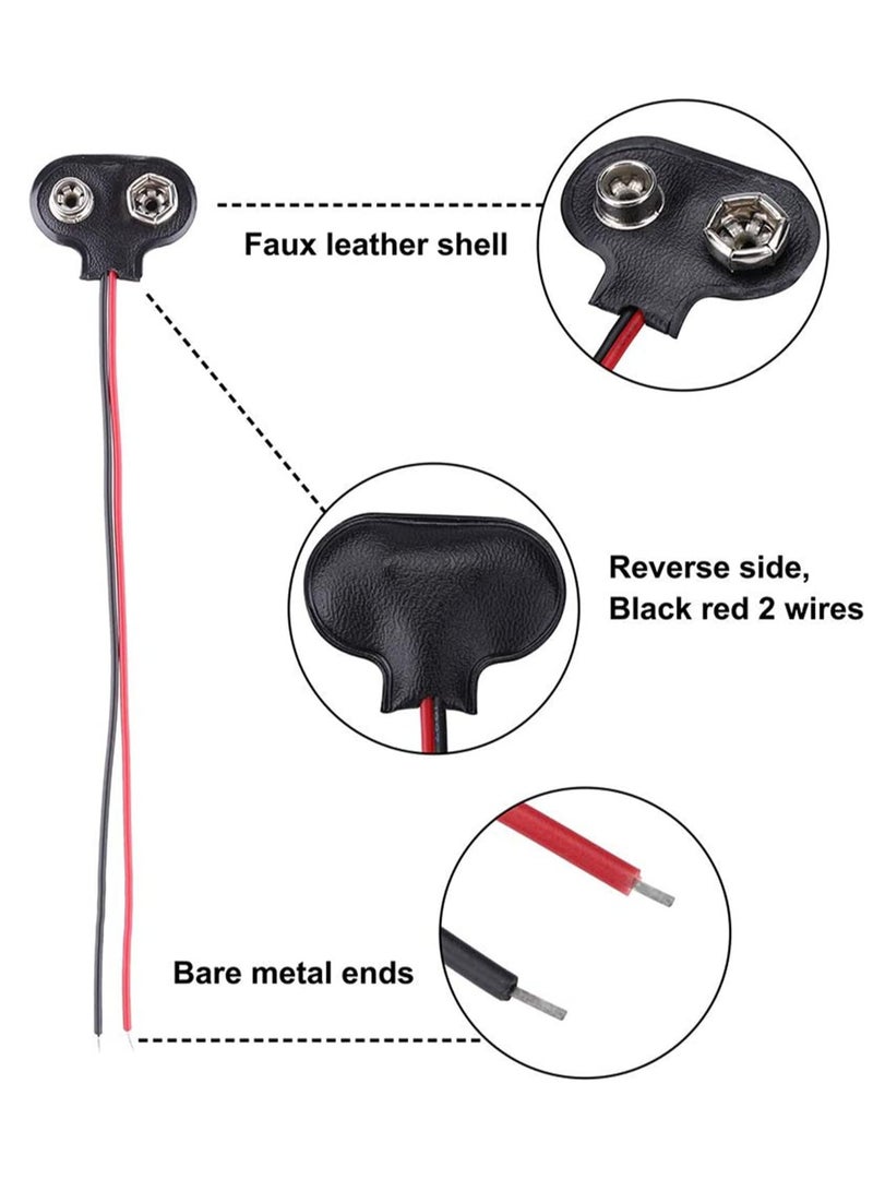 9V Battery Connector, T-Type 9 Volt Buckle  Hard, Leather Long Cable Housing Connection in Student Experiment, or Other Equipment with 9V, Shell Black Red (20 Pack) - Image 1
