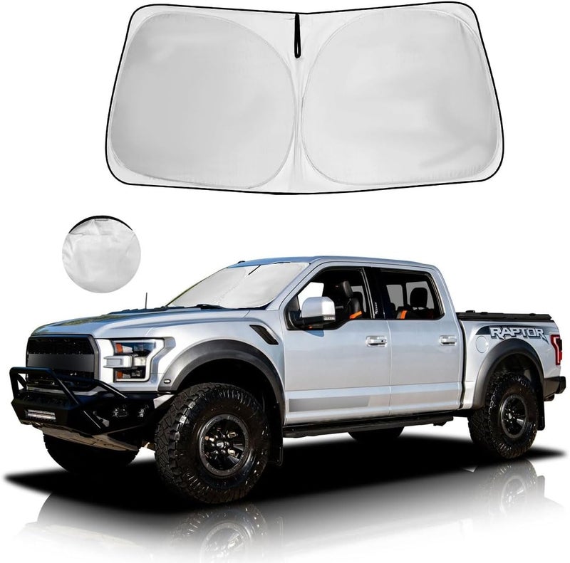 واقي شمس الزجاج الأمامي لفورد F150 2021-2024 F-150 Lariat, King Ranch, Platinum, XL XLT Limited Raptor ملحقات شاحنة Super Cab بيك آب واقي شمس نافذة حماية قابل للطي حماية من الأشعة فوق البنفسجية والحرارة - Image 1