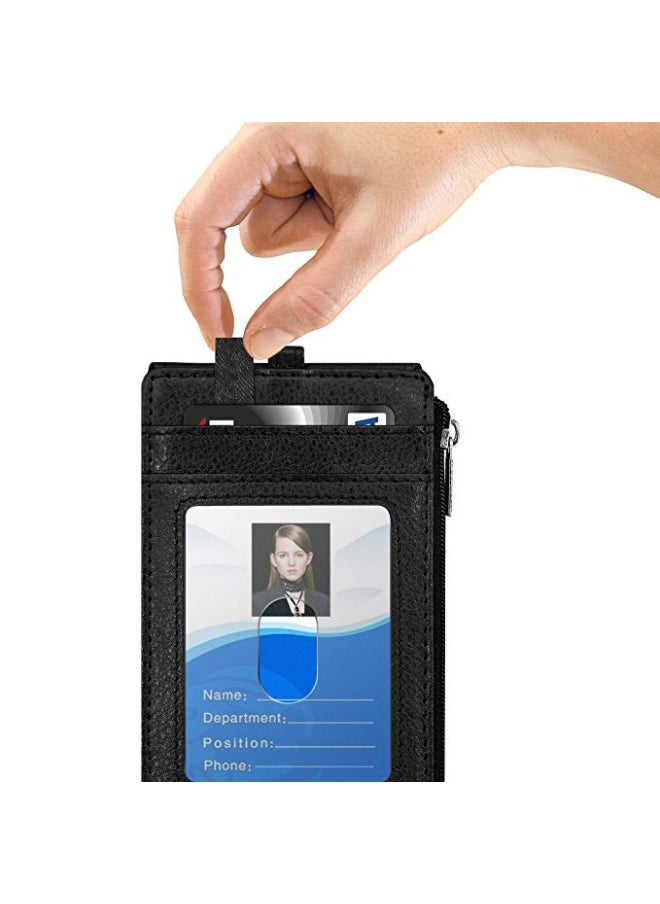 VIUAUAX Badge Holder with Zipper, PU Leather ID Badge Card Holder Wallet with 5 Card Slots, RFID Blocking Pocket and Detachable 20 Inch Neck Lanyard Strap for Offices, School, Driver's Licence (Black)Creative PU Card Case Card Holder, Public Transportation Karaoke Chain Bag, Work Tag, Factory Tag Employee ID Leather Case and Lanyard  - Image 1