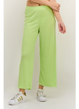 Lefties Women Regular Fit High Rise Ribbed Wide Leg Pants, Light Green  - Image 1