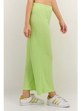 Lefties Women Regular Fit High Rise Ribbed Wide Leg Pants, Light Green  - Image 2