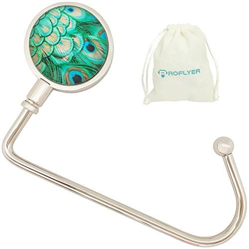 ROFLYER Purse Hook Hanger for Table Bar Handbag Hanger Safer Cleaner Bag Table Hanger with Velvet Pouch Peacock Feather