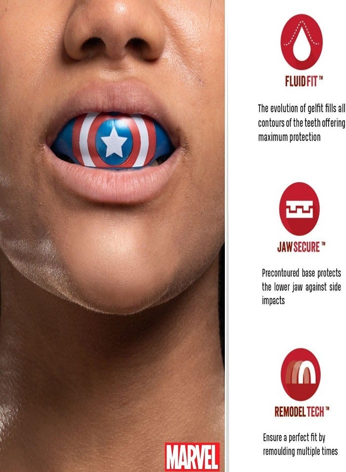 مارفل واقي فم رياضي من كابتن أمريكا لتقويم الأسنان، واقي لثة قابل لإعادة التشكيل بمقاس واحد مع جراب للملاكمة، وفنون القتال المختلطة، والرجبي، وفنون الدفاع عن النفس، والجودو، وجميع رياضات التلامس الجسدي - Image 2