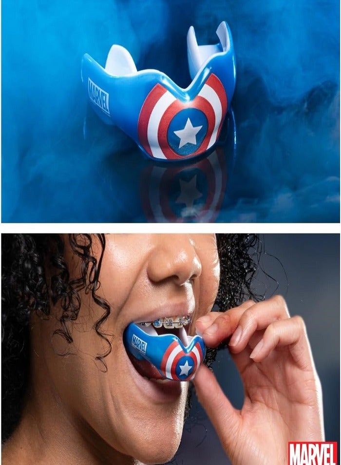 مارفل واقي فم رياضي من كابتن أمريكا لتقويم الأسنان، واقي لثة قابل لإعادة التشكيل بمقاس واحد مع جراب للملاكمة، وفنون القتال المختلطة، والرجبي، وفنون الدفاع عن النفس، والجودو، وجميع رياضات التلامس الجسدي - Image 4