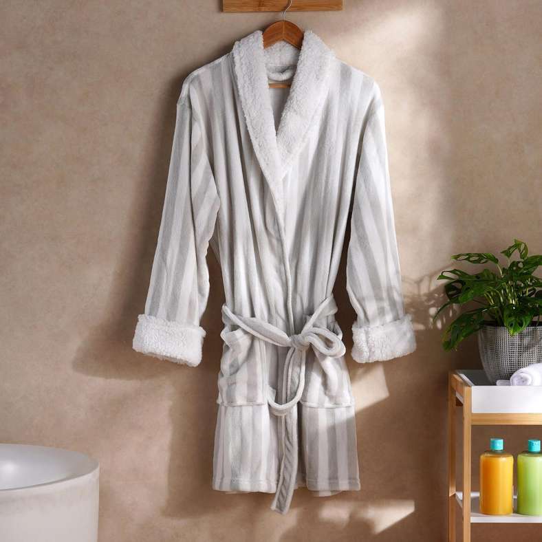Pan Home Cozy Stripe Robe for Women - Grey and White