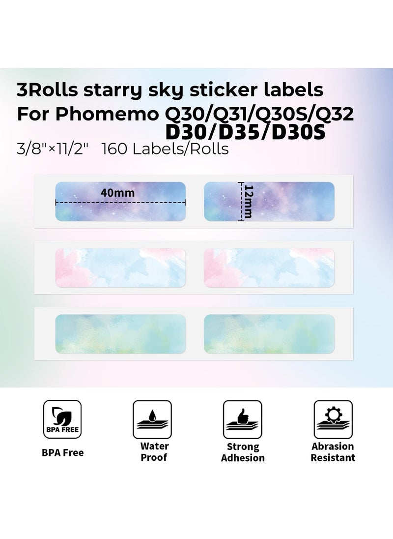 phomemo - 3 Rolls Multi-Purpose Square Self-Adhesive Label for D30/ Q30S Label Printer, 12x40mm, 160 Labels/Roll (Colorful Star Pattern) - Image 1