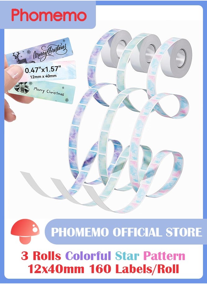 phomemo - 3 Rolls Multi-Purpose Square Self-Adhesive Label for D30/ Q30S Label Printer, 12x40mm, 160 Labels/Roll (Colorful Star Pattern) - Image 1