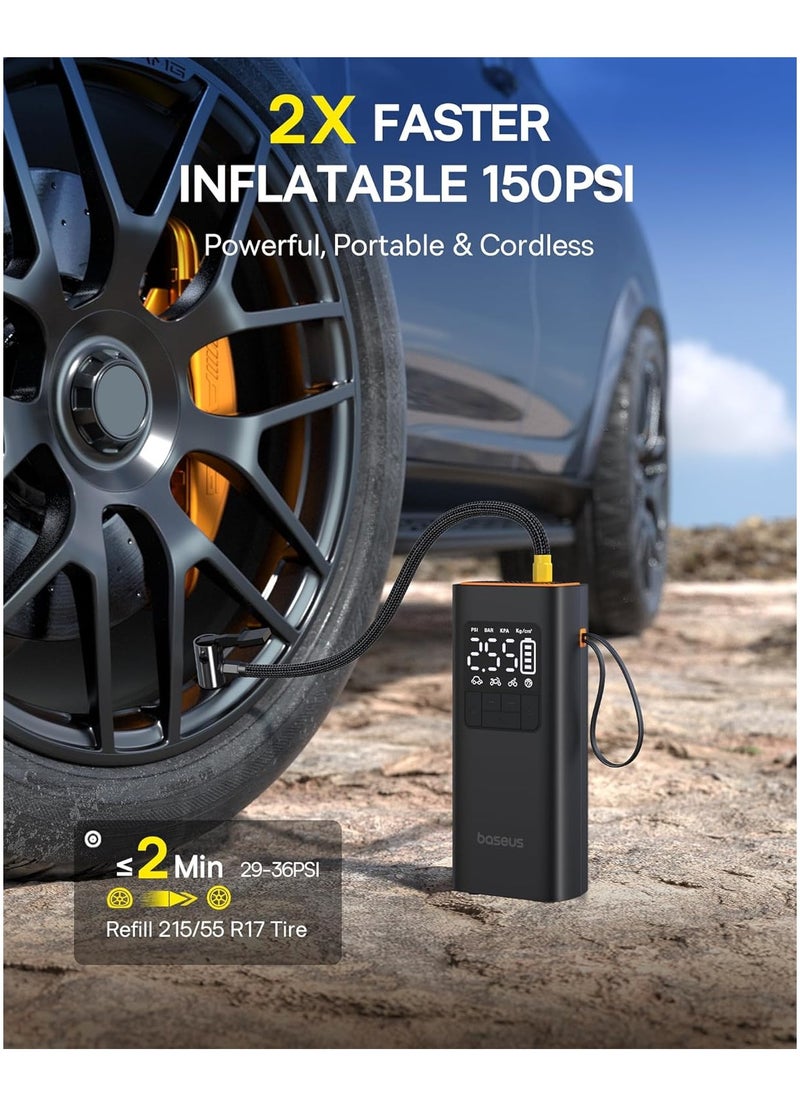 Baseus - Cordless Tire Inflator 150PSI Portable Air Compressor, 4000mAh Rechargeable Battery, Fast Inflation Pump with Digital LED Display, Auto Shut-Off, USB-C, 4 Preset Modes, for Car, Bike, Motorcycle, Balls, 17-Cylinder Motor, LED Light, 12 Safety Protections - Image 1