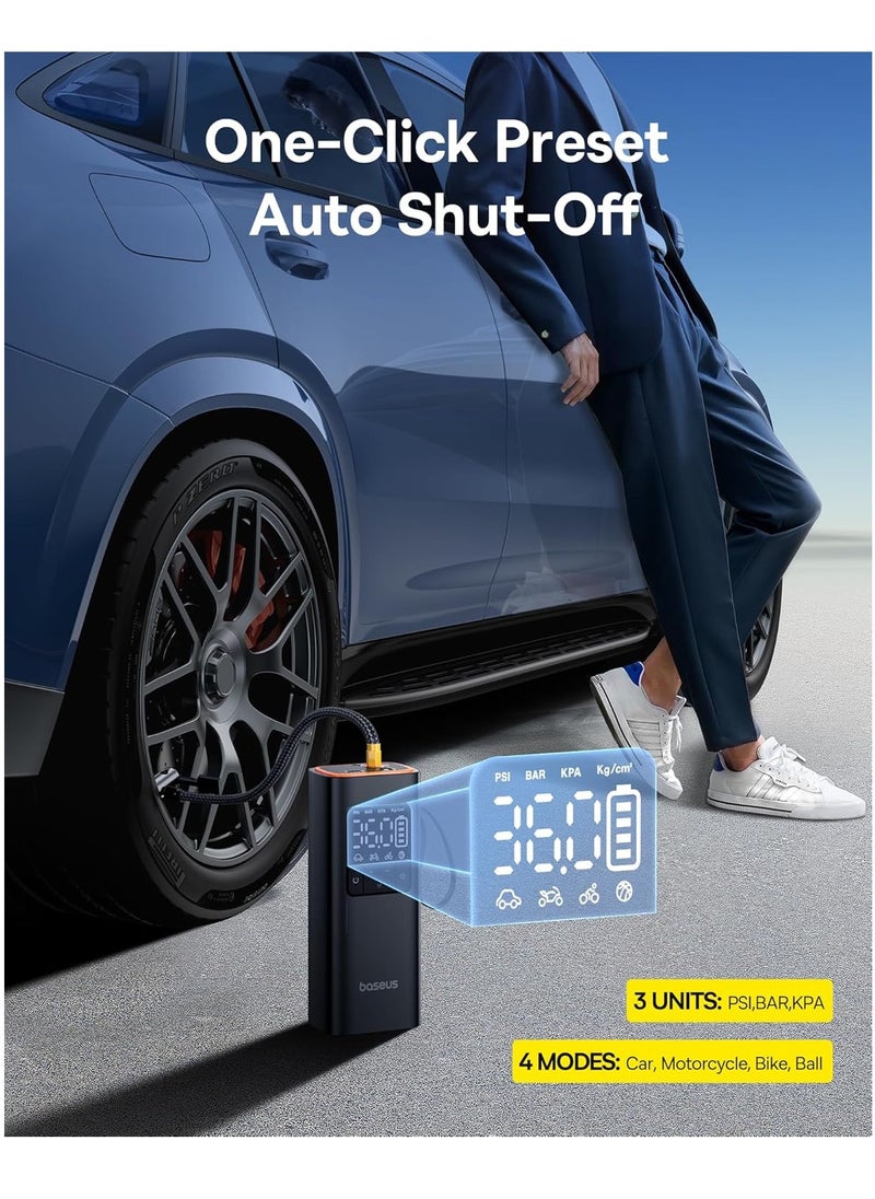 Baseus - Cordless Tire Inflator 150PSI Portable Air Compressor, 4000mAh Rechargeable Battery, Fast Inflation Pump with Digital LED Display, Auto Shut-Off, USB-C, 4 Preset Modes, for Car, Bike, Motorcycle, Balls, 17-Cylinder Motor, LED Light, 12 Safety Protections - Image 1