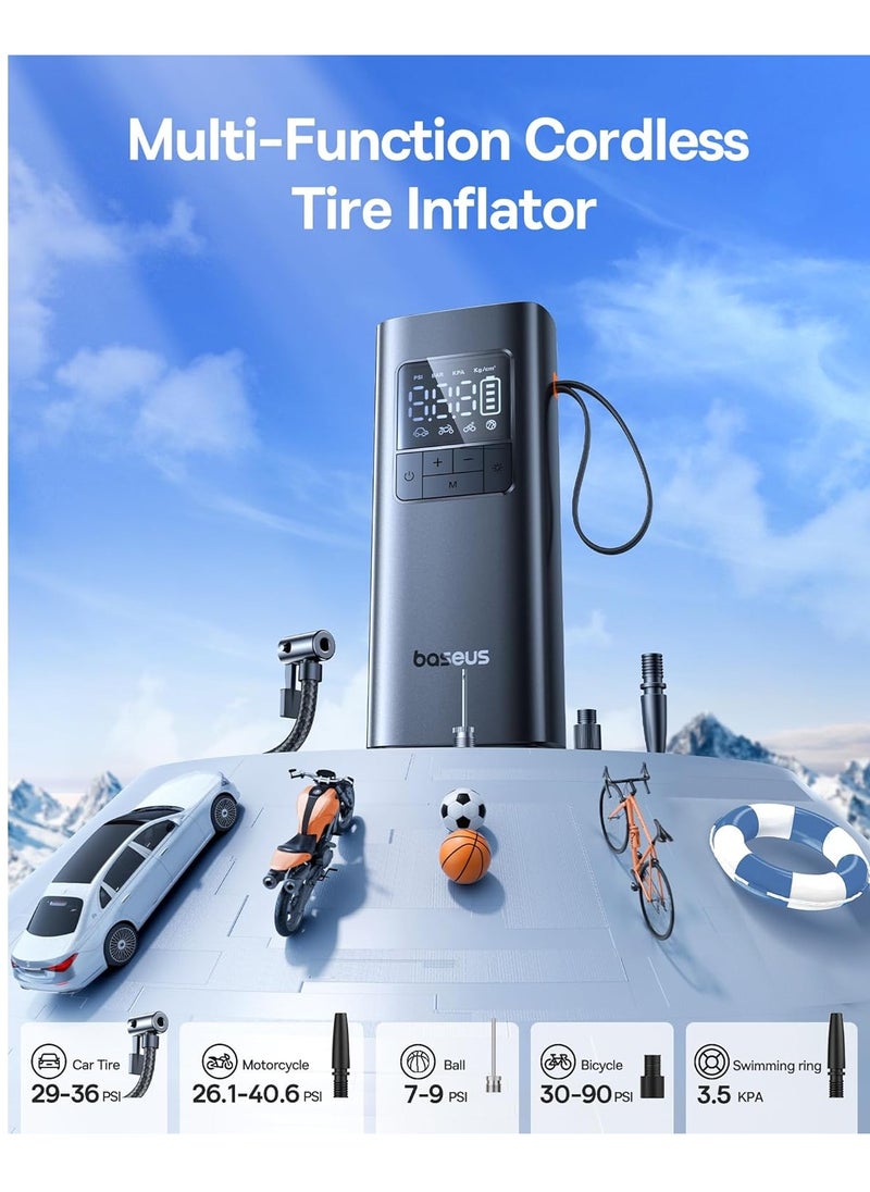 Baseus - Cordless Tire Inflator 150PSI Portable Air Compressor, 4000mAh Rechargeable Battery, Fast Inflation Pump with Digital LED Display, Auto Shut-Off, USB-C, 4 Preset Modes, for Car, Bike, Motorcycle, Balls, 17-Cylinder Motor, LED Light, 12 Safety Protections - Image 1
