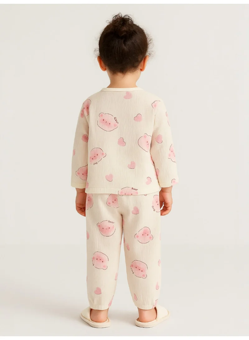 victor and jane Baby Girls Printed Muslin Cotton Pyjama Set – Pink Bear Printed