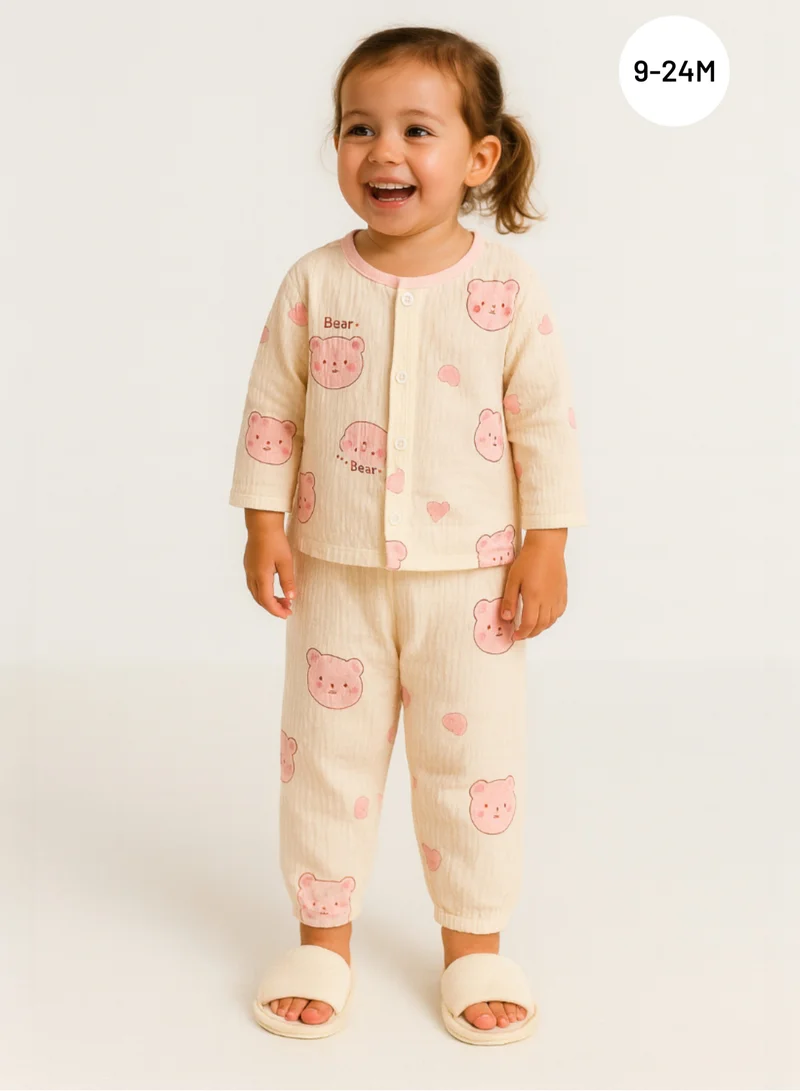 victor and jane Baby Girls Printed Muslin Cotton Pyjama Set – Pink Bear Printed