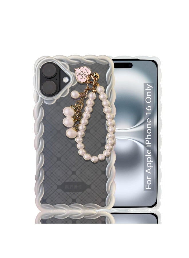 KC Back Cover for iPhone 16, Cream Wave Shiny Pearl Hanging Chain Bracelet Shockproof Soft Silicone Case with Camera Protection (Transparent) - Image 1