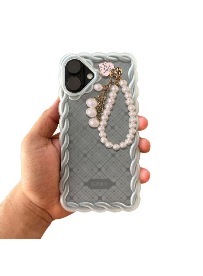 KC Back Cover for iPhone 16, Cream Wave Shiny Pearl Hanging Chain Bracelet Shockproof Soft Silicone Case with Camera Protection (Transparent) - Image 3