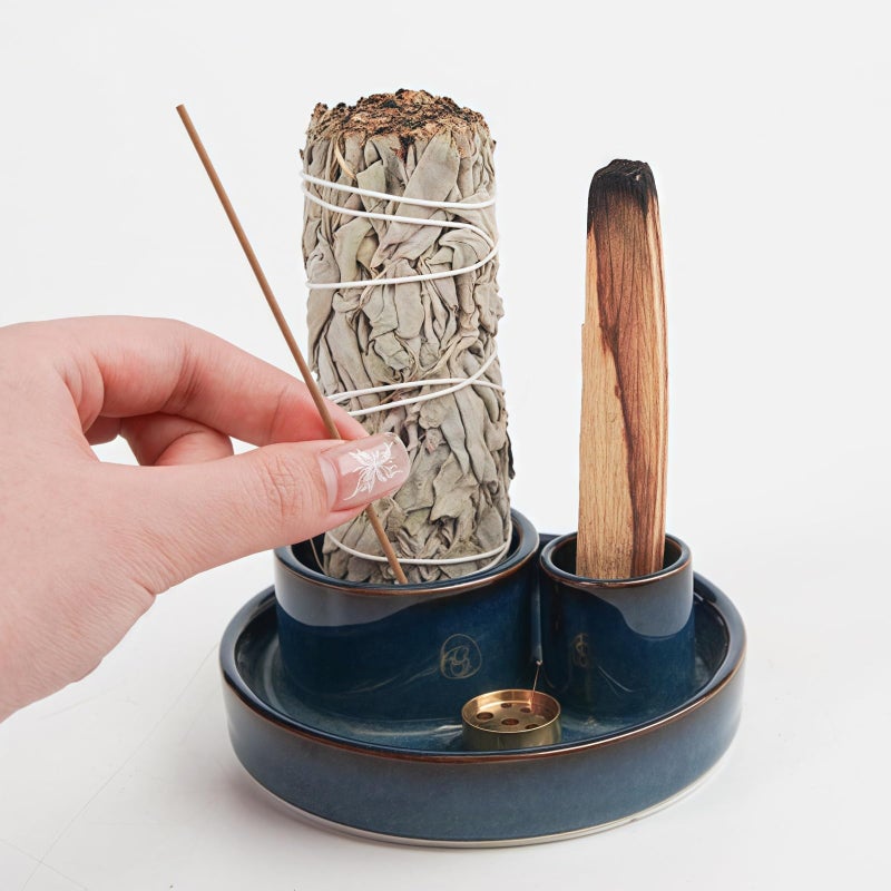 Fancy Lemon 4 in 1 Incense Holder, Ceramic Incense Stick and Palo Santo Holder,Sage Holder for Burning- 4.25" Ceramic Ash Catcher Tray for Meditation and Yoga Room (Blue) - Image 5