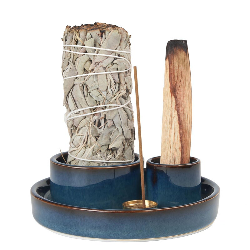 Fancy Lemon 4 in 1 Incense Holder, Ceramic Incense Stick and Palo Santo Holder,Sage Holder for Burning- 4.25" Ceramic Ash Catcher Tray for Meditation and Yoga Room (Blue) - Image 1