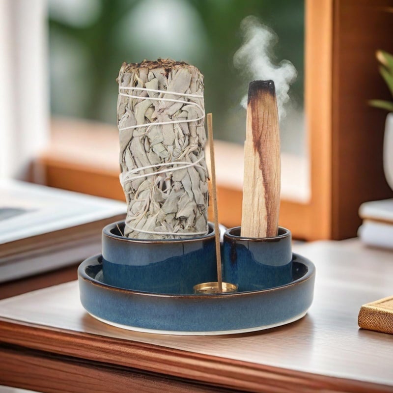 Fancy Lemon 4 in 1 Incense Holder, Ceramic Incense Stick and Palo Santo Holder,Sage Holder for Burning- 4.25" Ceramic Ash Catcher Tray for Meditation and Yoga Room (Blue) - Image 4