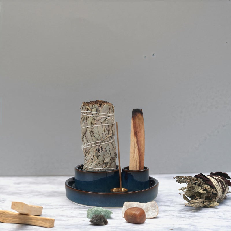Fancy Lemon 4 in 1 Incense Holder, Ceramic Incense Stick and Palo Santo Holder,Sage Holder for Burning- 4.25" Ceramic Ash Catcher Tray for Meditation and Yoga Room (Blue) - Image 2
