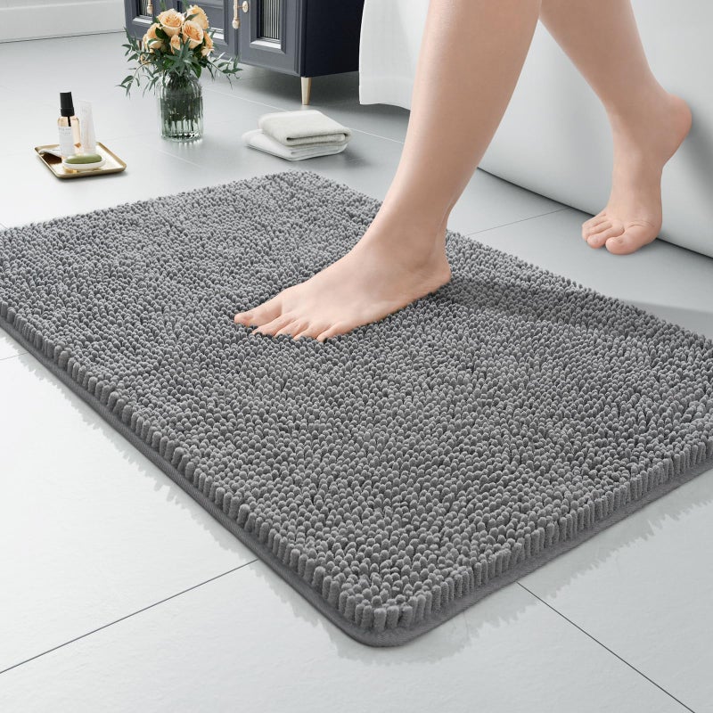LOCHAS Luxury Bathroom Rug Shaggy Bath Mat 24 x 36 Inch, Washable Non Slip Bath Rugs for Bathroom Shower, Soft Plush Chenille Absorbent Carpets Mats, Light Gray - Image 1