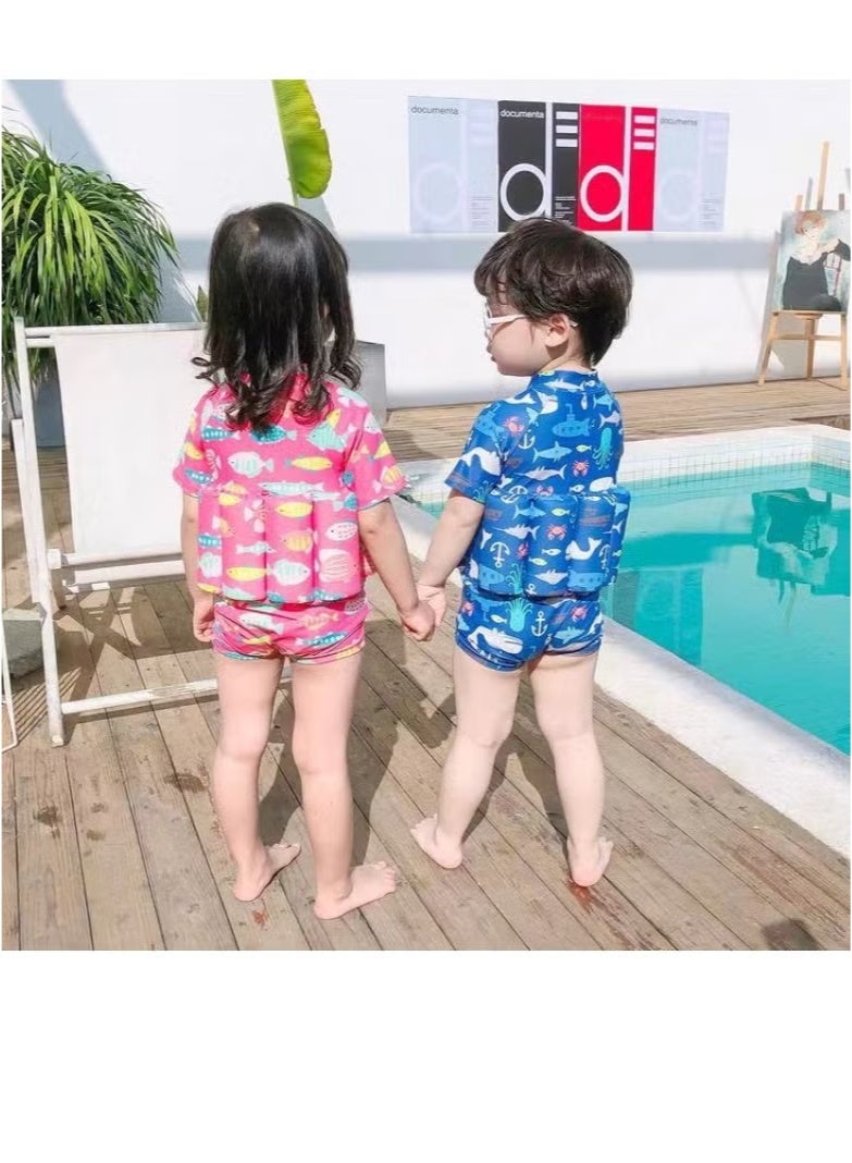 M MIAOYAN Boys and girls one-piece floating water suit cartoon boxer cute baby swimsuit, short-sleeved swimming vest, zipper buoyancy swimsuit + swimming cap (2XL Recommended Height 100cm-110cm) Pink - Image 3
