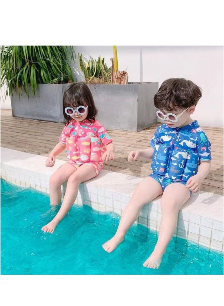 M MIAOYAN Boys and girls one-piece floating water suit cartoon boxer cute baby swimsuit, short-sleeved swimming vest, zipper buoyancy swimsuit + swimming cap (2XL Recommended Height 100cm-110cm) Pink - Image 5