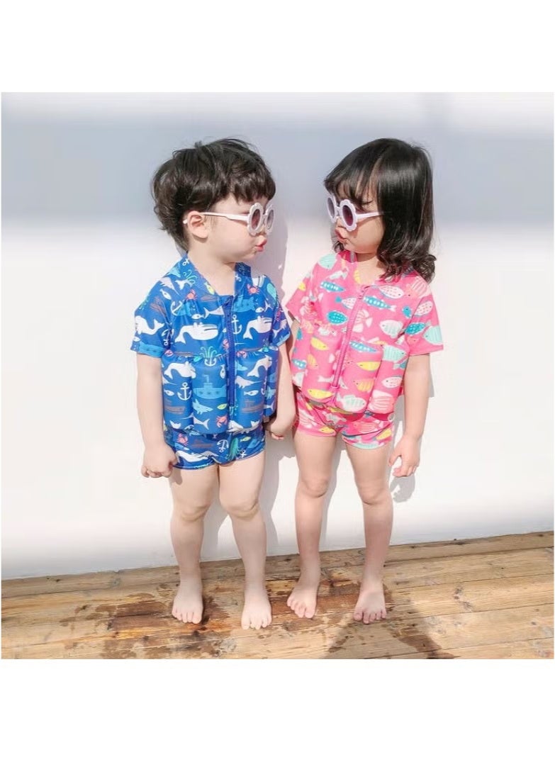 M MIAOYAN Boys and girls one-piece floating water suit cartoon boxer cute baby swimsuit, short-sleeved swimming vest, zipper buoyancy swimsuit + swimming cap (2XL Recommended Height 100cm-110cm) Pink - Image 2