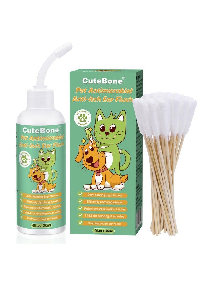CuteBone CuteBone Dog Anti-Itch Ear Flush - Cleans & Removes Wax Odor, Deodorizes, Soothes Ear Inflammation for Pet - Easy Ear Wash Care Solution - Ear Cleaner 4 fl.oz & 30 Cotton Swabs Kit  - Image 1