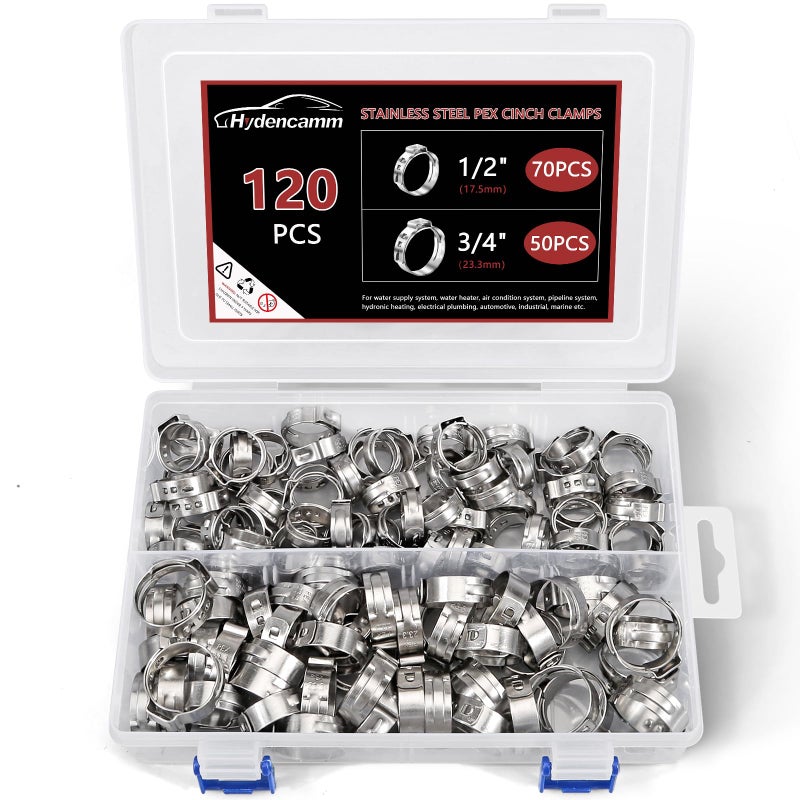 120 قطعة 1/2 بوصة 3/4 بوصة من Pex Clinch Clamps Kit Premium 304 الفولاذ المقاوم للصدأ Pex Clamps Pex Clamp Rings Rings Pinch Clamps لأنابيب Pex وصلات تركيب الأنابيب بواسطة Hydencamm - Image 1