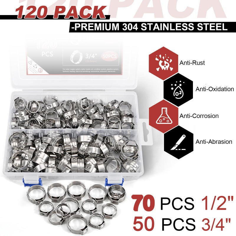 120 قطعة 1/2 بوصة 3/4 بوصة من Pex Clinch Clamps Kit Premium 304 الفولاذ المقاوم للصدأ Pex Clamps Pex Clamp Rings Rings Pinch Clamps لأنابيب Pex وصلات تركيب الأنابيب بواسطة Hydencamm - Image 2