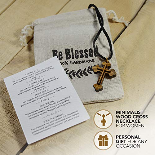 Most Original Gifts أكثر الهدايا الأصلية صليب خشبي مصنوع في بيت لحم (خشب الزيتون) قلادة صليب مزهر على قلادة سوداء في كيس قطن طبيعي - قلادة صليب خشبي قابلة للتعديل بطول 24 بوصة للرجال والنساء - Image 5