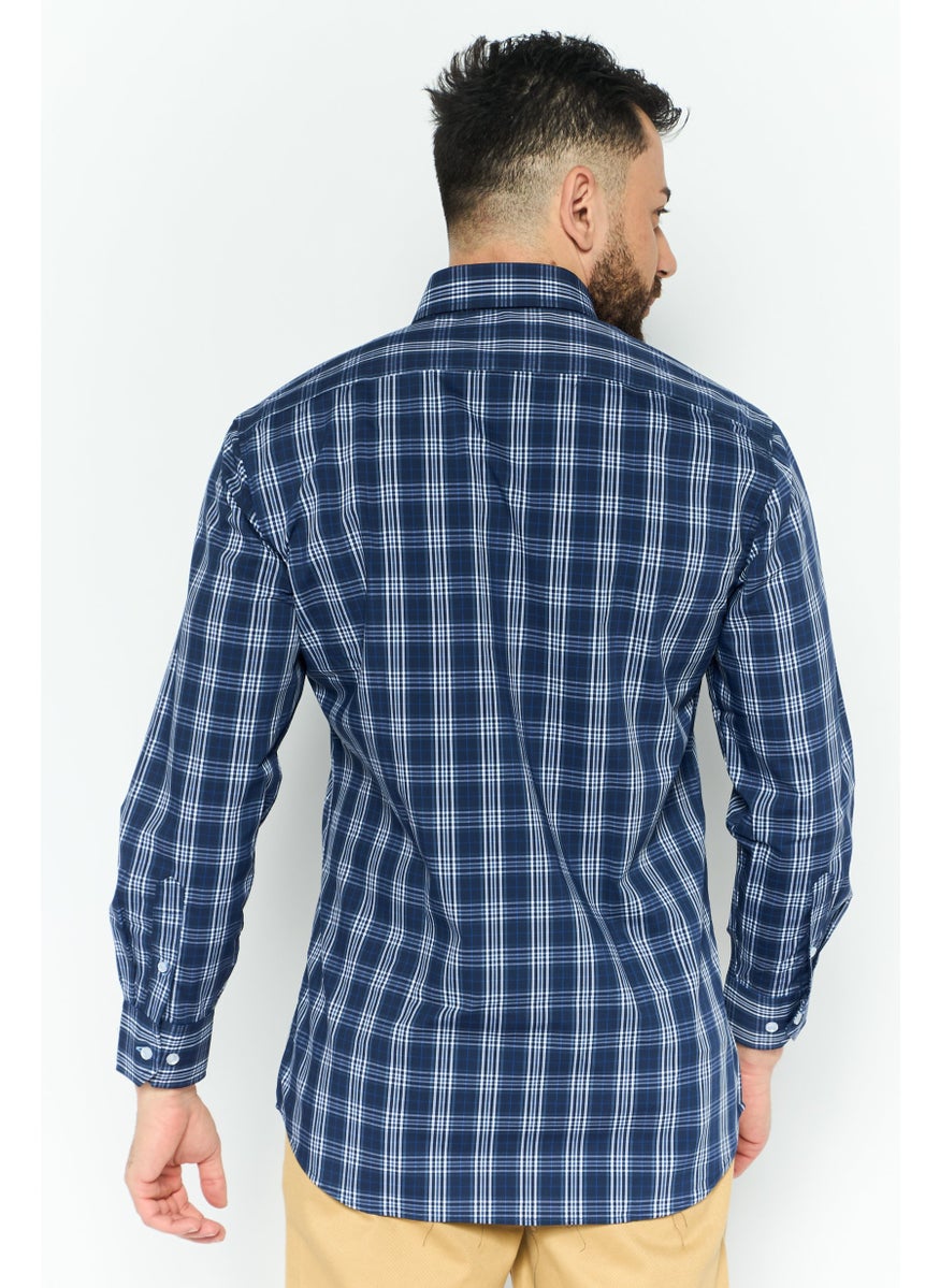 Tailorbyrd - Men Performance Fit Checkered Long Sleeves Casual Shirts, Navy Blue Combo - Image 1