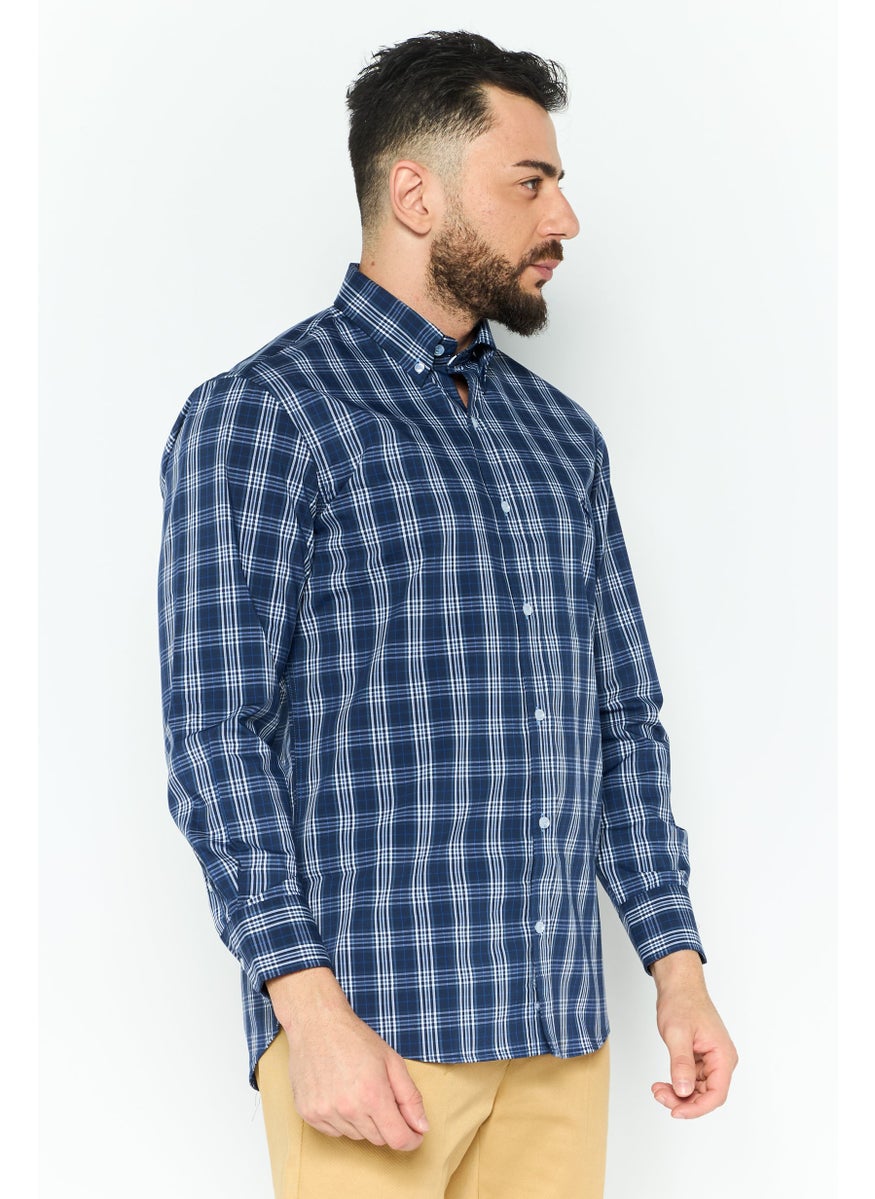 Tailorbyrd - Men Performance Fit Checkered Long Sleeves Casual Shirts, Navy Blue Combo - Image 1