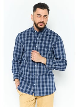 Men Performance Fit Checkered Long Sleeves Casual Shirts, Navy Blue Combo